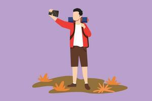 grafisk platt design teckning aktiva man framställning selfie med smartphone. resa manlig med ryggsäck tar selfie. turism natur backpacking eller vandring resa logotyp ikon. tecknad serie stil vektor illustration