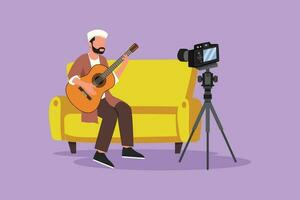 tecknad serie platt stil teckning arab man inspelning video av hans spelar gitarr förbi kamera på stativ. manlig vlogger influencer utför musik för visa strömning digital. grafisk design vektor illustration