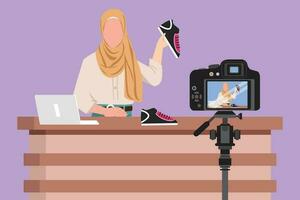 grafisk platt design teckning skön arab kvinna mode bloggare talande handla om trendig gymnastikskor medan framställning video för henne blogg. bloggande handla om ny Produkter, trender. tecknad serie stil vektor illustration