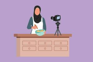 karaktär platt teckning skön arab kvinna framställning efterrätt på kök, omröring deg med spatel. matlagning leva strömning. Söt bloggare förbereda måltid uppkopplad. tecknad serie design vektor illustration