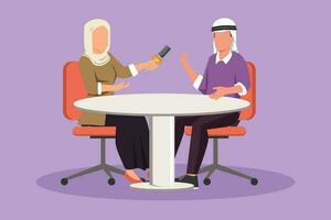 grafisk platt design teckning TV presentatör arab kvinna intervjua kändis män i tv studio och skytte intervju program. visa värd, muslim gäst talande. tecknad serie stil vektor illustration
