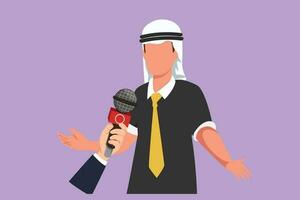 tecknad serie platt stil teckning arab affärsman ger intervju i närvaro av journalister med mikrofoner. framgångsrik man ger kommentarer, yttranden för brytning Nyheter. grafisk design vektor illustration