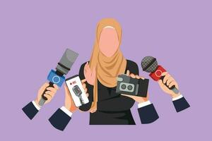 Charakter eben Zeichnung schön arabisch Frau geben Interview. Hände von Journalisten hält Mikrofone. Konzept von Nachricht, Wahlen, Vorstellungsgespräche, Kommentare, Politik. Karikatur Design Vektor Illustration