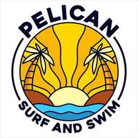 Pelikan Abenteuer Abzeichen zum T-Shirt Designs Kleidung und Logo Marke, Sommer- tropisch Strand Natur Logo Zeichen Illustration Vektor