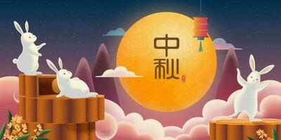 glücklich mitte Herbst Festival Banner mit süß Kaninchen genießen Mondkuchen und das voll Mond auf sternenklar Nacht, Urlaub Name im Chinesisch Zeichen vektor