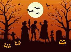 Halloween Charakter Silhouetten auf Grusel Friedhof vektor