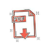 tecknad serie pdf ikon i komisk stil. pdf dokumentera illustration piktogram. fil tecken stänk företag begrepp. vektor