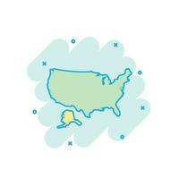 tecknad serie färgad Amerika Karta ikon i komisk stil. USA tecken illustration piktogram. Land geografi stänk företag begrepp. vektor