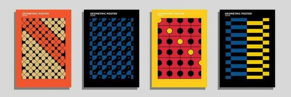 retro geometrisch Muster Hintergrund, Vektor abstrakt Kreis, Dreieck und Platz Linien Kunst. modisch bunt Bauhaus Muster Hintergründe op-art einstellen