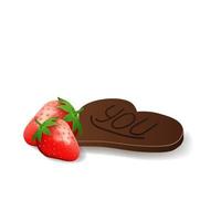 två mogna röda jordgubbar och chokladhjärta i tecknad 3d-stil isolerad på vit bakgrund vektor