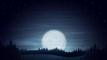 Nachtblaue Landschaft mit großem Mond am blauen Sternenhimmel, Meteoren und Wald am Horizont. vektor