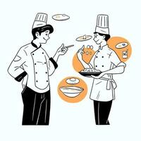 ein Koch und ein Kunde Brainstorming Ideen zum ein Neu Gericht, Vektor Illustration