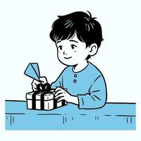 en pojke upprymd öppning en födelsedag närvarande på en fest, vektor illustration