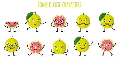 Pomelo Zitrusfrüchte süße lustige fröhliche Charaktere mit verschiedenen Posen und Emotionen. vektor
