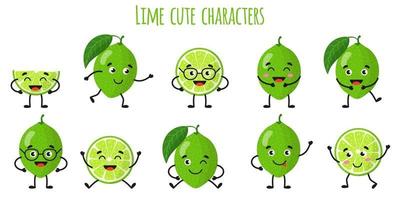 Limette Zitrusfrüchte süße lustige fröhliche Charaktere mit verschiedenen Posen und Emotionen. vektor