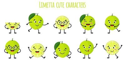 Limetta Zitrusfrüchte süße lustige fröhliche Charaktere mit verschiedenen Posen und Emotionen. vektor