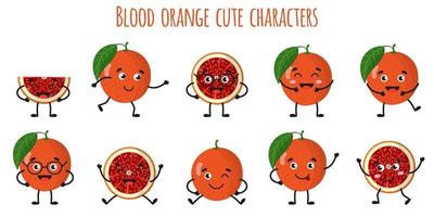 Blutorange Zitrusfrüchte süße lustige fröhliche Charaktere mit verschiedenen Posen und Emotionen. vektor