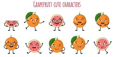 Grapefruit Zitrusfrüchte süße lustige fröhliche Charaktere mit verschiedenen Posen und Emotionen. vektor