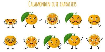 Calamondin Zitrusfrüchte süße lustige fröhliche Charaktere mit verschiedenen Posen und Emotionen. vektor