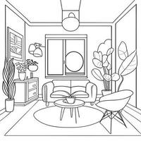 levande rum interiör, färg bok, modern, vektor illustration linje konst