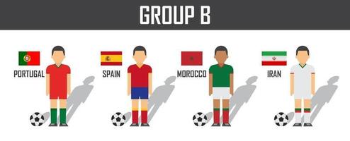 fotbollscup 2018 laggrupp b. fotbollsspelare med tröjuniform och nationella flaggor. vektor för internationellt VM-turnering.