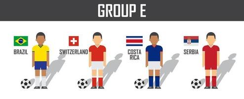 Fußballpokal 2018 Mannschaftsgruppe e . Fußballspieler mit Trikotuniform und Nationalflaggen. Vektor für internationales Weltmeisterschaftsturnier.