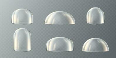 samling av glas kupoler. 3d realistisk vektor ikon. transparent skyddande omslag. snö klot eller kök glas.