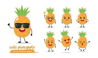 süß Gelb glücklich Ananas tragen Sonnenbrille Charakter. komisch Obst Emoticon im eben Stil. anders Gesicht Ausdruck Emoji Vektor Illustration.