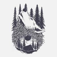 illustration av mauntain, skog och varg vektor