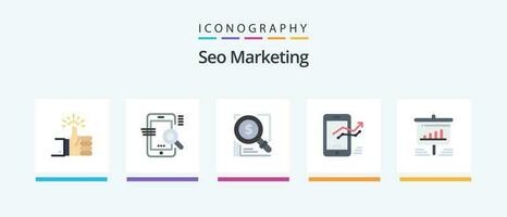 SEO Marketing eben 5 Symbol Pack einschließlich Handy, Mobiltelefon. Diagramm. seo. Lösung. Lupe. kreativ Symbole Design vektor