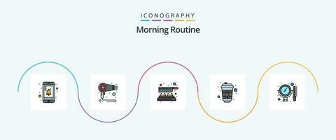 morgon- rutin- linje fylld platt 5 ikon packa Inklusive uppsättning. hårkam. matlagning. skönhet. kopp vektor