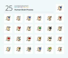 mänsklig hjärna bearbeta 25 linje fylld ikon packa Inklusive mänsklig. medicin. huvud. friska. mänsklig sinne vektor