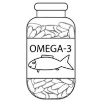 fisk olja. översiktsflaska med fiskoljekapslar. omega 3 vitaminkapslar. flaska med omega 3-tabletter i konturstil. vektor