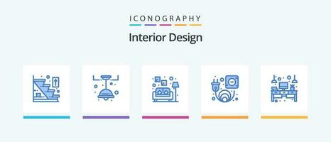 Innere Design Blau 5 Symbol Pack einschließlich Tisch. Schreibtisch. Couch. Computer. Auslauf. kreativ Symbole Design vektor