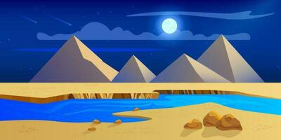 ägyptisch Wüste mit Fluss und Pyramiden beim Nacht. Landschaft mit Sand Dünen, Mond und Sterne im das Himmel. Vektor Illustration
