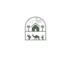 Bauernhof Haus mit Kamel Jahrgang Logo Design und Palme Baum Linie Stil Vektor Symbol.