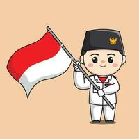 indonesien oberoende dag flagga raiser manlig karaktär chibi söt platt tecknad serie illustration vektor