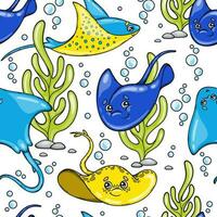 sömlös mönster med tecknad serie stingrays simning i de hav. söt hav djur. vektor färgrik illustration på hav tema. perfekt för textil, tyg, tapet, förpackning papper och Övrig.