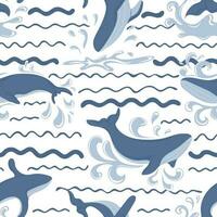 nahtlos Muster mit Blau Wale Springen und Schwimmen im Wasser. Marine Bewohner vektor