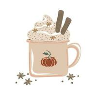 pumpa krydda latte kaffe råna för höst meny eller hälsning kort design. säsong- varm dryck med skum, grädde, kanel vektor