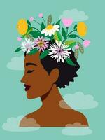 en skön afrikansk amerikan kvinna med en blomning huvud. de begrepp av psykologisk hälsa av en kvinna. vertikal blå baner med en porträtt av en mörkhyad lady. vektor. vektor