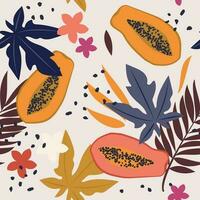 tropisch Früchte und Blätter bilden ein nahtlos Muster. Süss Papaya. süß exotisch Plumeria Blumen mit Palme Blätter. Vektor. vektor