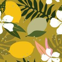 tropisch Blumen und Zitronen modern Kunst Zukunft abstrakt und künstlerisch Palme Blätter auf ein Grün Hintergrund. botanisch nahtlos Muster mit Grün Hintergrund zum modern Textil. Vektor. vektor