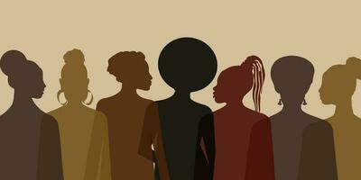 fira svart historia månad. silhuetter av kvinnor från annorlunda länder och religioner stå för jämlikhet och friheter. vektor. vektor