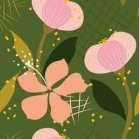 tropisk löv och exotisk blommor form en färgrik botanisk sömlös mönster med grön bakgrund för modern textil. vektor. vektor