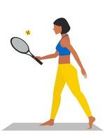ein nett Frau hält ein Schläger im ihr Hand und Theaterstücke Tennis. physisch Gesundheit und aktiv Lebensstil. das Mädchen geht im zum Sport auf ein Weiß Vertikale Hintergrund. Vektor. vektor