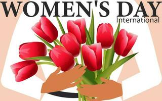 internationell kvinnors dag. bukett av röd tulpaner i de händer av en Lycklig kvinna på en rosa horisontell bakgrund. blommig kort för de vår Semester. vektor. vektor