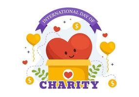 internationell dag av välgörenhet vektor illustration på 5 september med donation paket kärlek begrepp bakgrund i platt tecknad serie hand dragen mallar