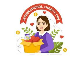 internationell dag av välgörenhet vektor illustration på 5 september med donation paket kärlek begrepp bakgrund i platt tecknad serie hand dragen mallar
