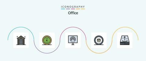 kontor linje fylld platt 5 ikon packa Inklusive arbete. kontor. skrivbordet. jobb. ström vektor